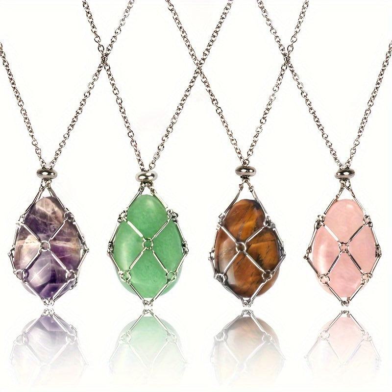 Natural Stone Bamboo Pendant Necklace DIY Mesh Pocket Energy Stone Gift