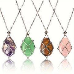 Natural Stone Bamboo Pendant Necklace DIY Mesh Pocket Energy Stone Gift