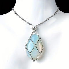 Natural Stone Bamboo Pendant Necklace DIY Mesh Pocket Energy Stone Gift