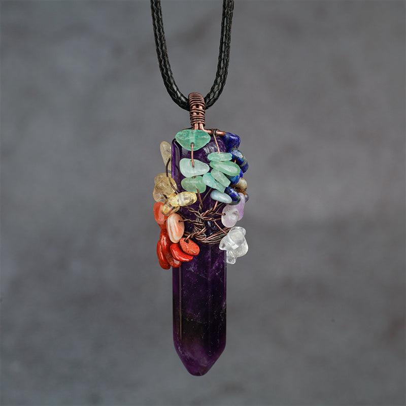 7 Chakra Healing Crystal Necklace Tree Of Life Wire Wrapped Pendant Necklaces