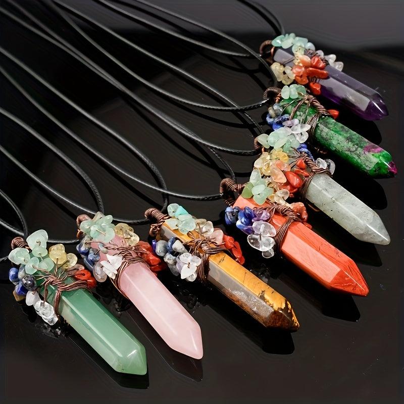 7 Chakra Healing Crystal Necklace Tree Of Life Wire Wrapped Pendant Necklaces