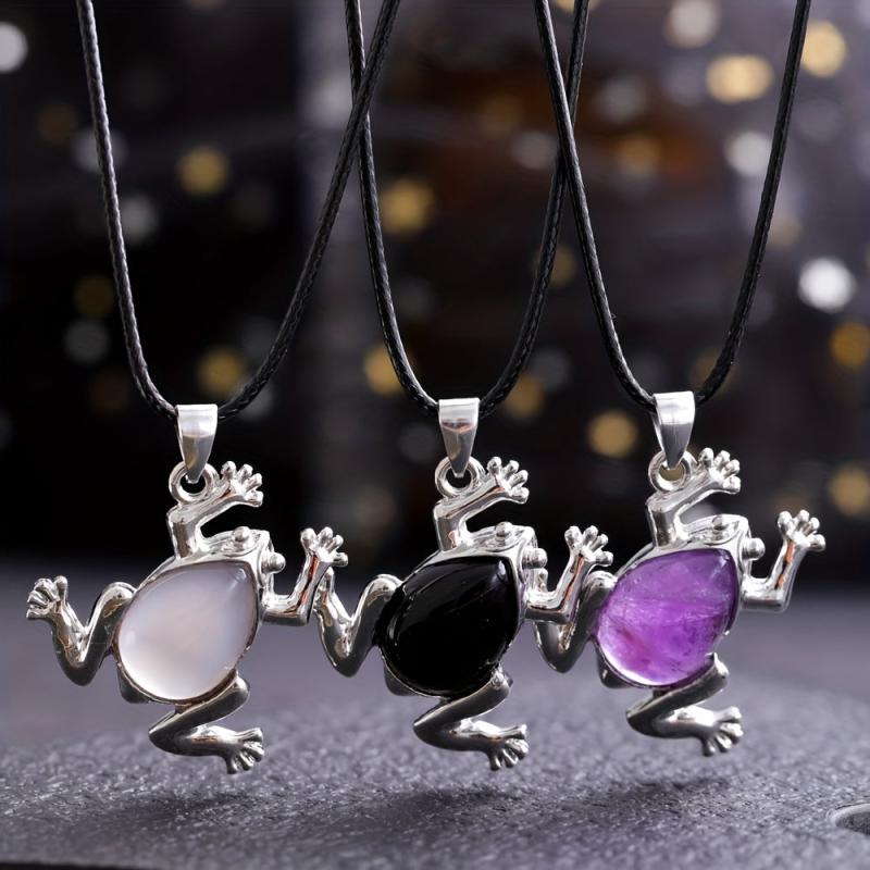 Natural Stone Frog Healing Crystal Pendant Necklace DIY Spirit Jewelry