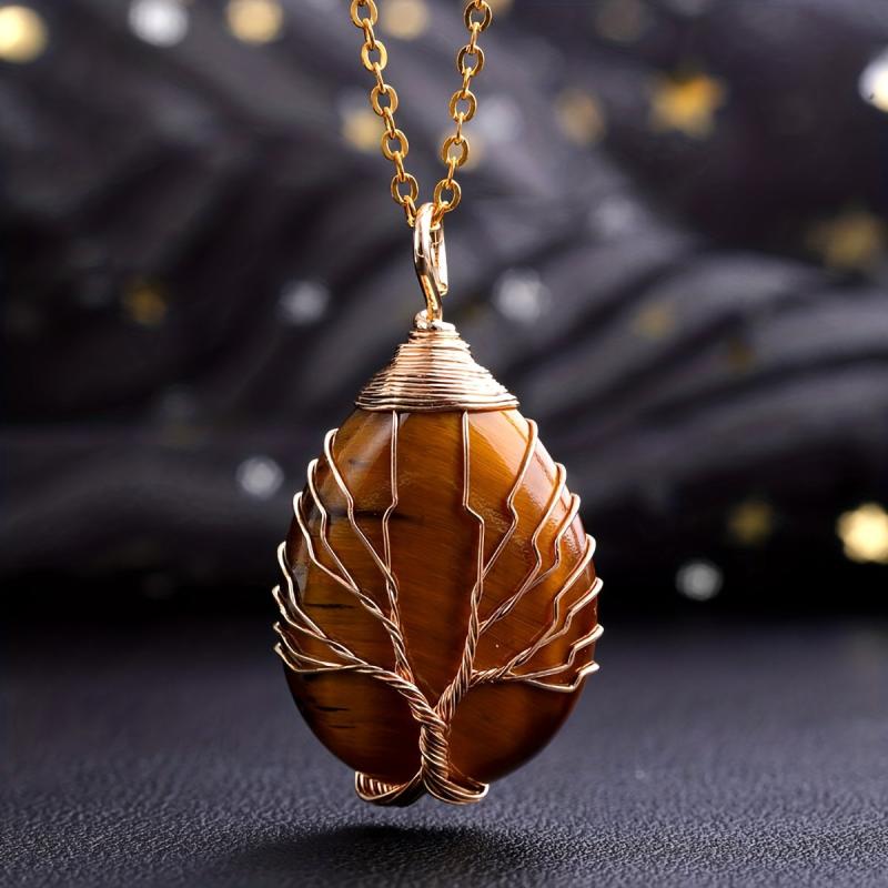 Crystal Stone Necklace Life Tree Heart Pendant Natural Spiritual Jewelry Gift