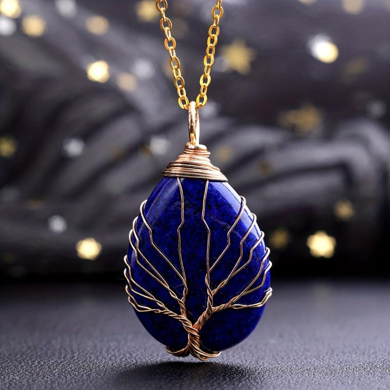 Crystal Stone Necklace Life Tree Heart Pendant Natural Spiritual Jewelry Gift