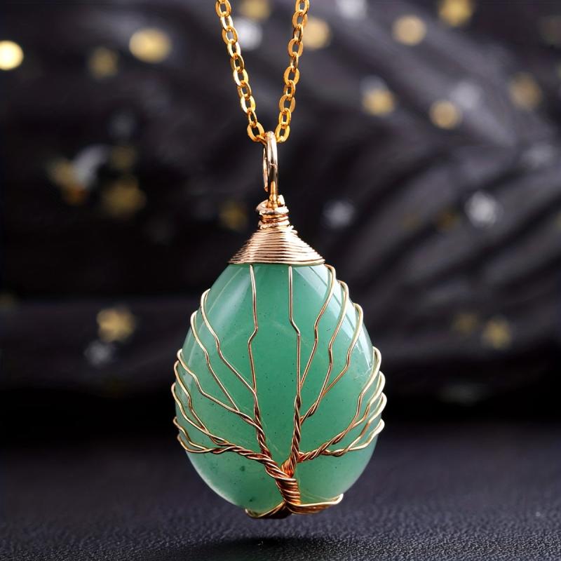 Crystal Stone Necklace Life Tree Heart Pendant Natural Spiritual Jewelry Gift