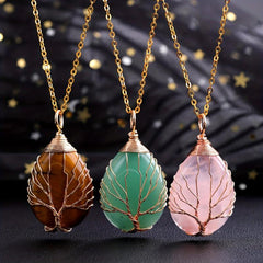 Crystal Stone Necklace Life Tree Heart Pendant Natural Spiritual Jewelry Gift