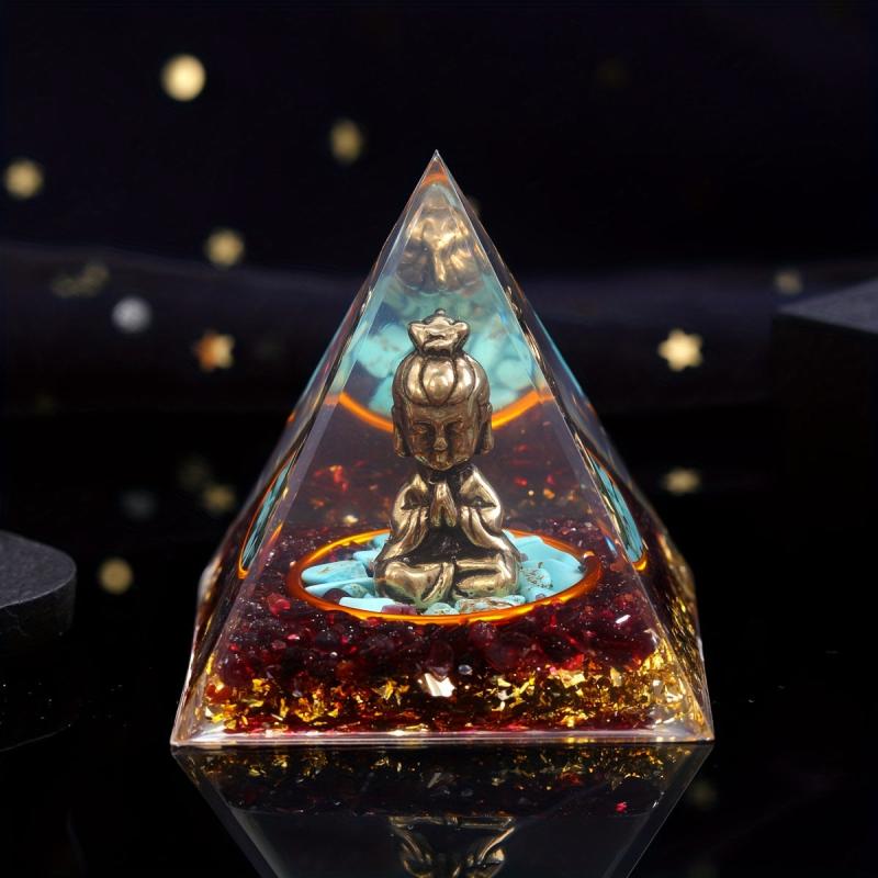 Natural Thug Guanyin Pyramid with Red Garnet Gravel Decoration
