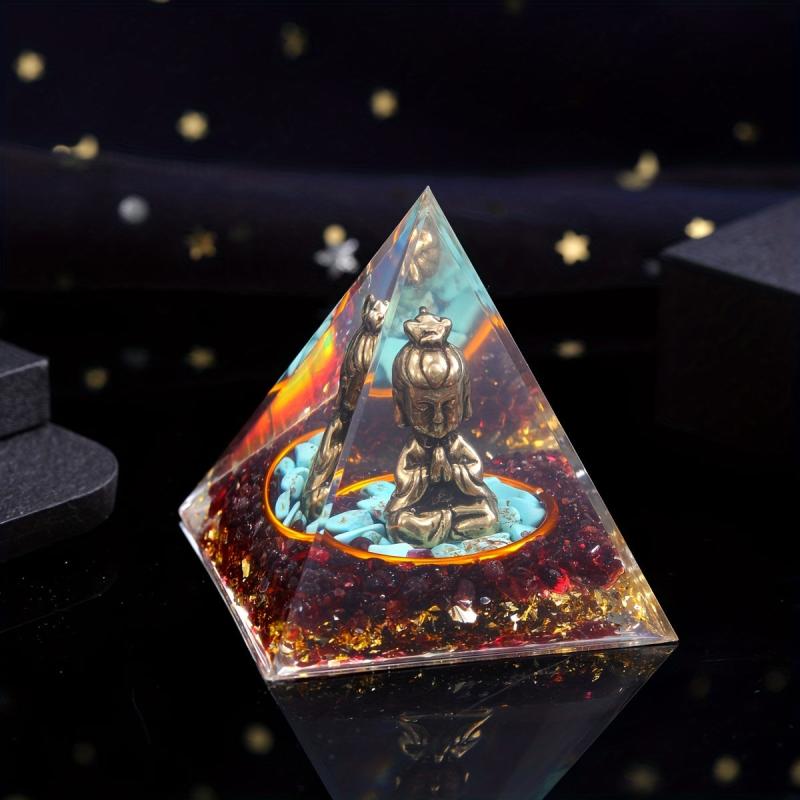 Natural Thug Guanyin Pyramid with Red Garnet Gravel Decoration