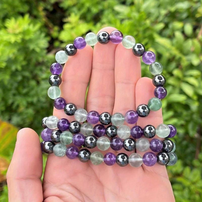 Emotionally Balanced Crystal Bracelet Amethyst Rhodochrosite Olive Fluor.