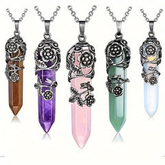 Hexagonal Crystal Necklace Natural Prism Stone Pendant with Chain