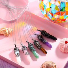 Hexagonal Crystal Necklace Natural Prism Stone Pendant with Chain