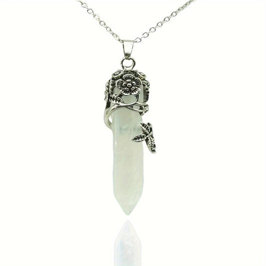 Hexagonal Crystal Necklace Natural Prism Stone Pendant with Chain
