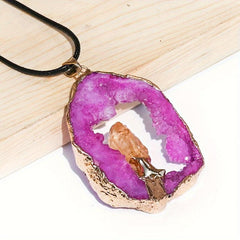 Natural Crystal Cave Agate Hollow Raw Stone Slice Pendant Necklace