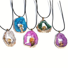 Natural Crystal Cave Agate Hollow Raw Stone Slice Pendant Necklace