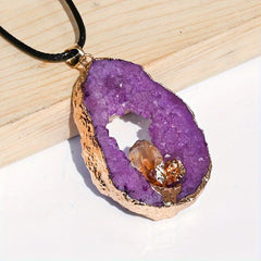 Natural Crystal Cave Agate Hollow Raw Stone Slice Pendant Necklace