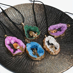 Natural Crystal Cave Agate Hollow Raw Stone Slice Pendant Necklace