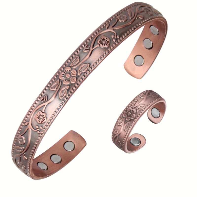 Vintage Flower Copper Cuff Bracelet Ring Set