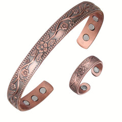 Vintage Flower Copper Cuff Bracelet Ring Set