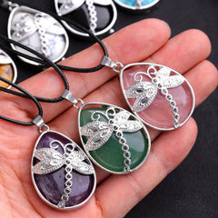 Natural Stone Pendant Large Dragonfly Necklace Healing Crystal DIY Jewelry