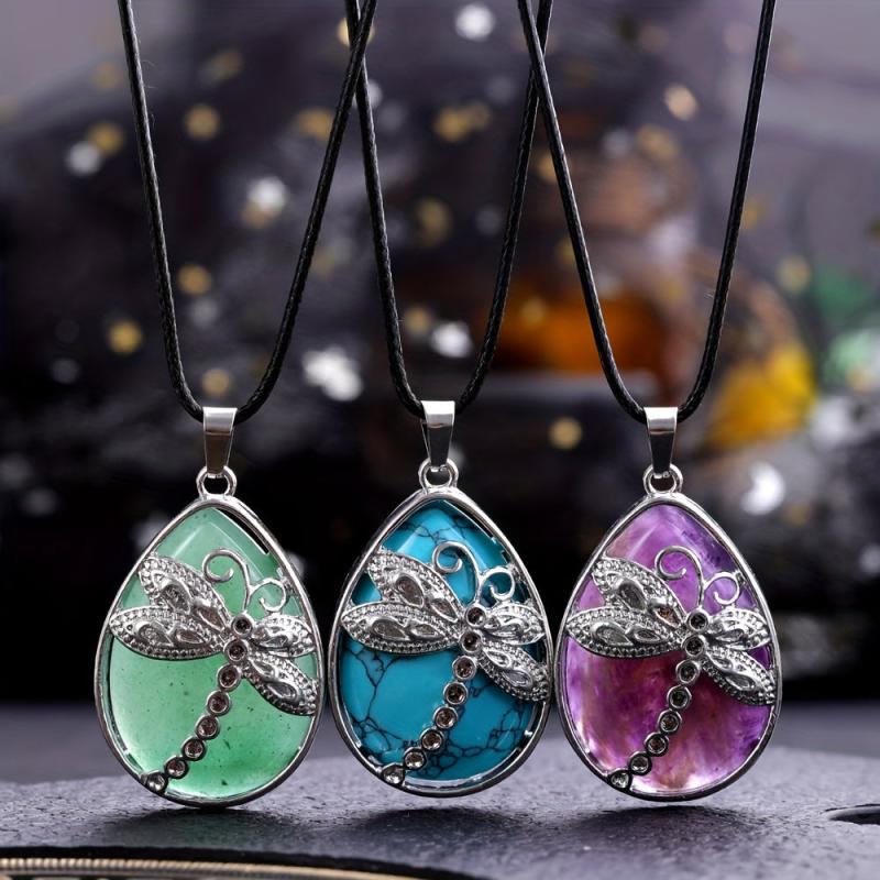 Natural Stone Pendant Large Dragonfly Necklace Healing Crystal DIY Jewelry