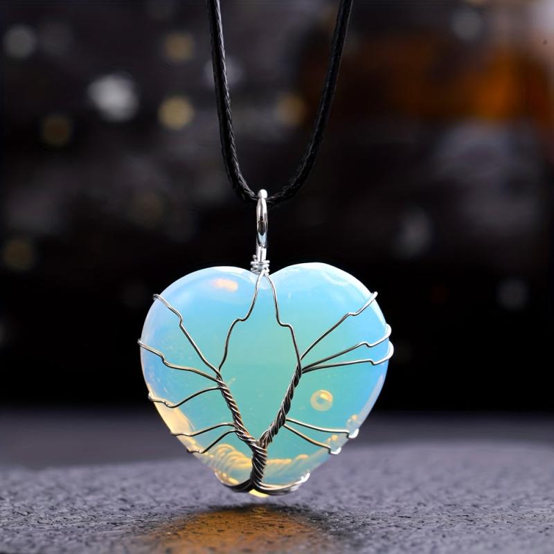 Natural Stone Heart Tree Necklace Healing Crystal Pendant