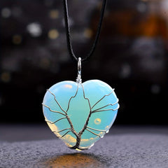 Natural Stone Heart Tree Necklace Healing Crystal Pendant