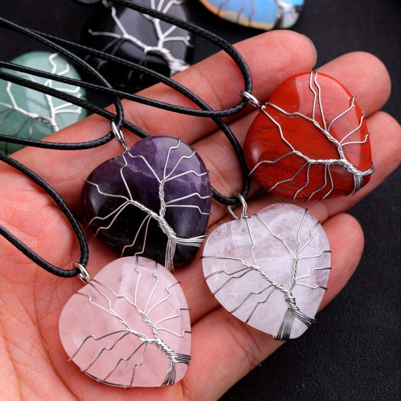 Natural Stone Heart Tree Necklace Healing Crystal Pendant