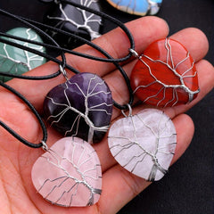 Natural Stone Heart Tree Necklace Healing Crystal Pendant