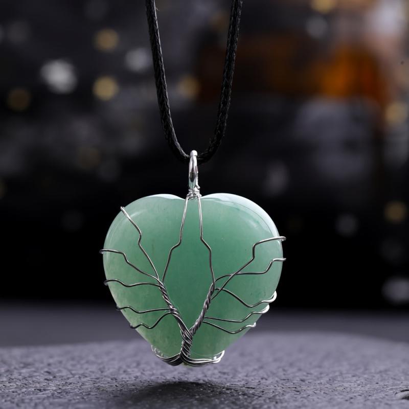 Natural Stone Heart Tree Necklace Healing Crystal Pendant