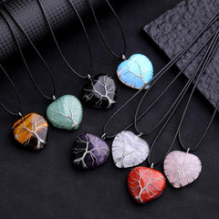 Natural Stone Heart Tree Necklace Healing Crystal Pendant