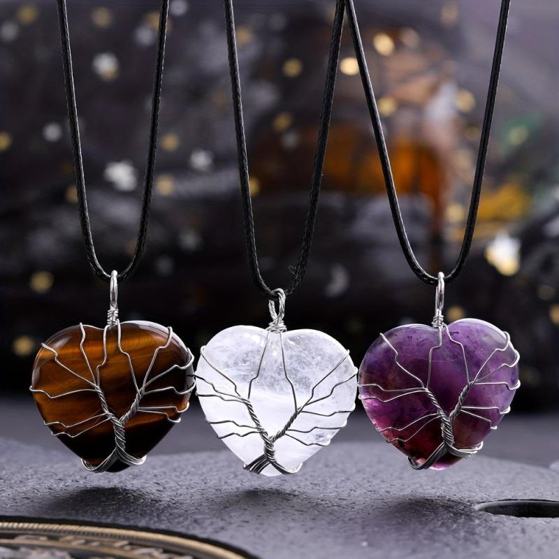 Natural Stone Heart Tree Necklace Healing Crystal Pendant