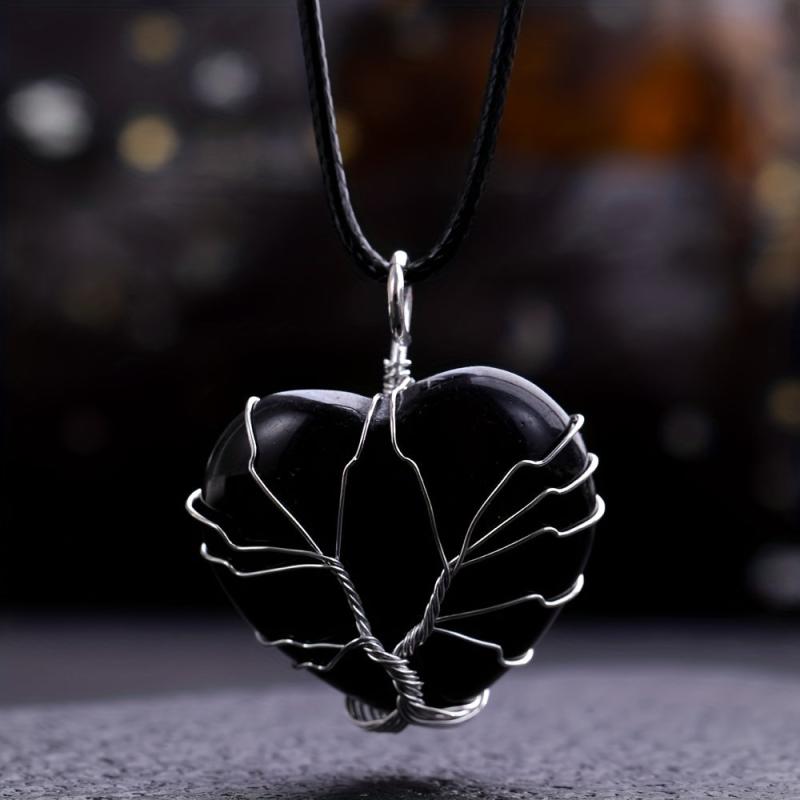 Natural Stone Heart Tree Necklace Healing Crystal Pendant