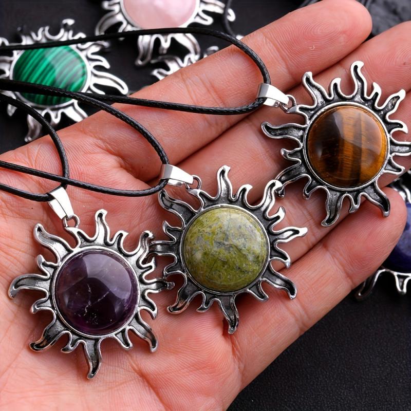 Natural Stone Crystal Sunflower Pendant DIY Necklace Women's Jewelry