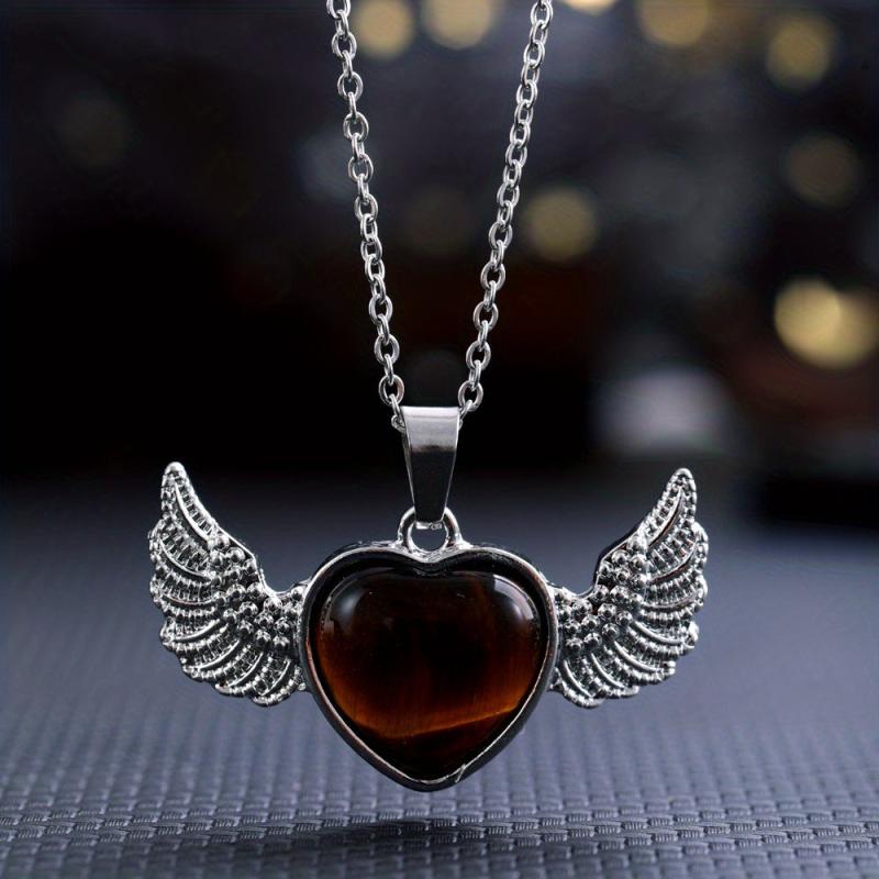 Natural Crystal Heart & Wings Pendant Necklace for Women Children Jewelry Gift