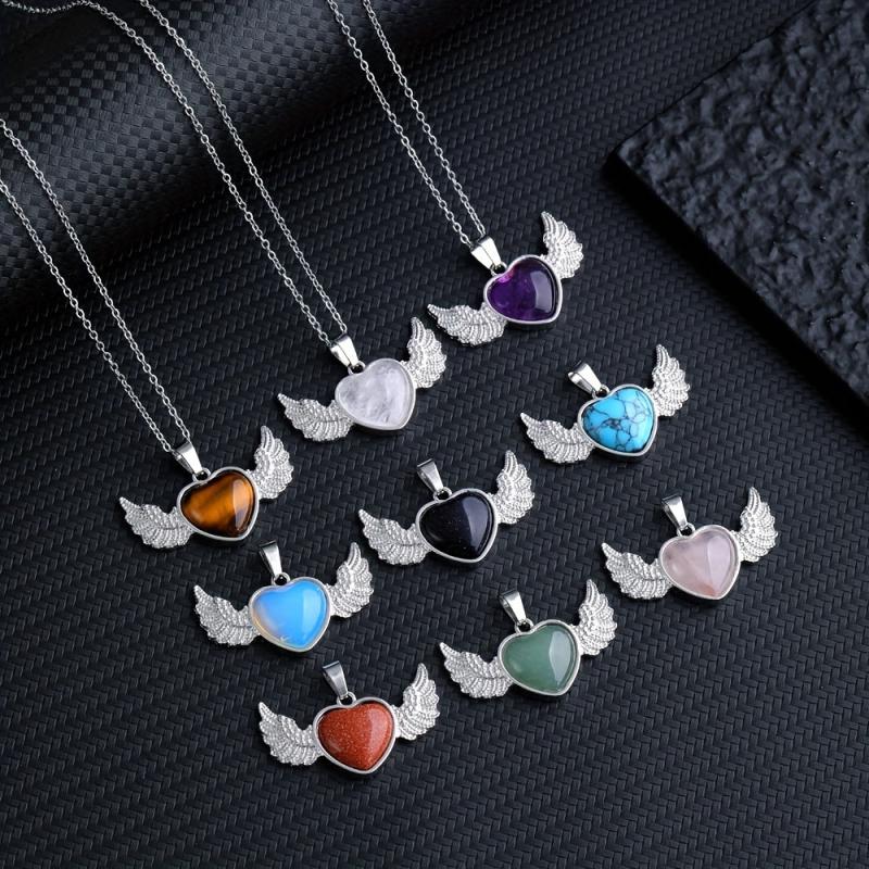 Natural Crystal Heart & Wings Pendant Necklace for Women Children Jewelry Gift