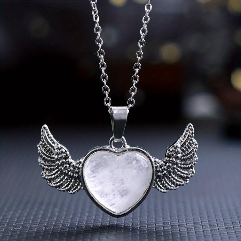 Natural Crystal Heart & Wings Pendant Necklace for Women Children Jewelry Gift