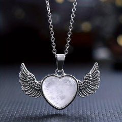 Natural Crystal Heart & Wings Pendant Necklace for Women Children Jewelry Gift