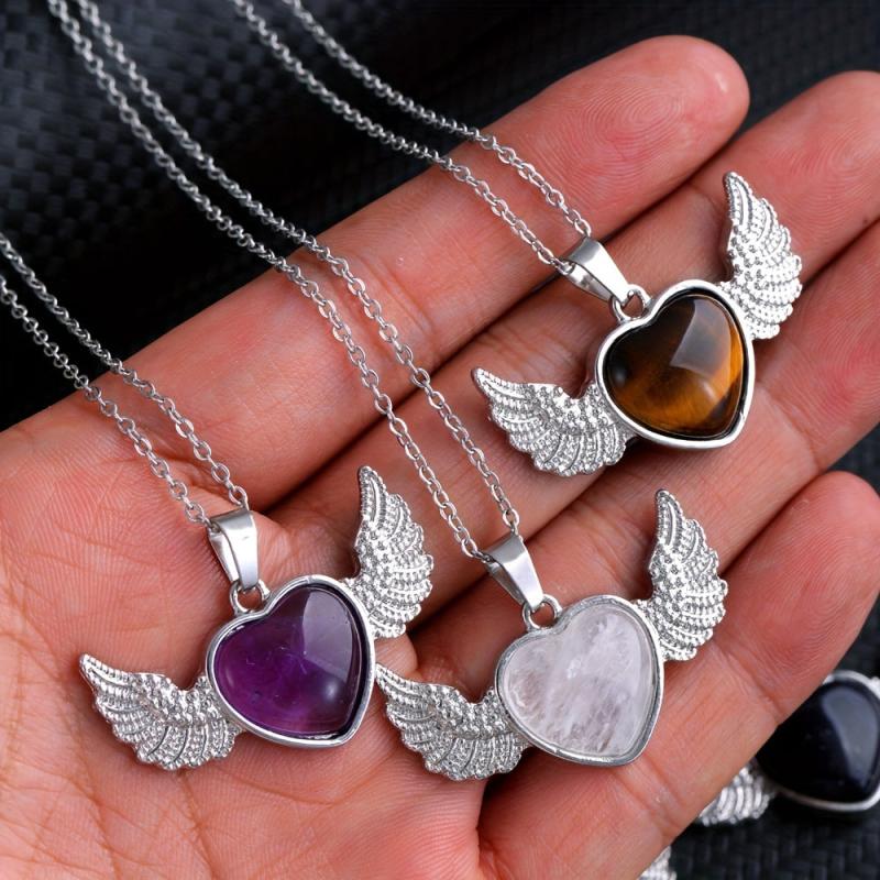 Natural Crystal Heart & Wings Pendant Necklace for Women Children Jewelry Gift