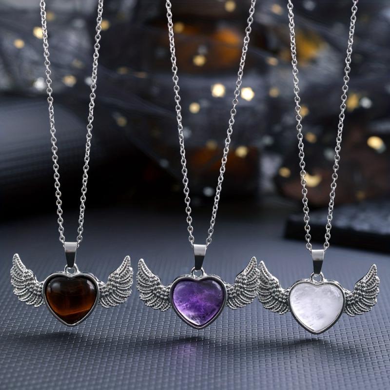 Natural Crystal Heart & Wings Pendant Necklace for Women Children Jewelry Gift