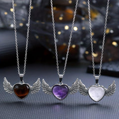 Natural Crystal Heart & Wings Pendant Necklace for Women Children Jewelry Gift