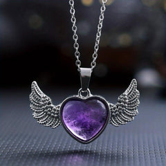Natural Crystal Heart & Wings Pendant Necklace for Women Children Jewelry Gift