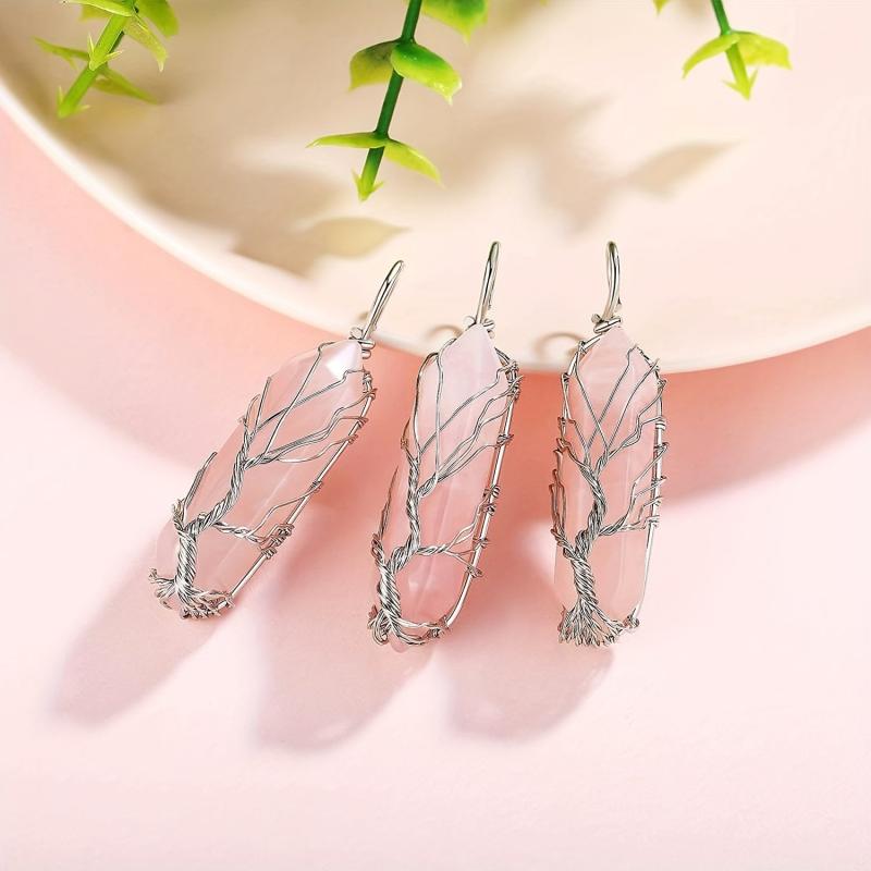 Rose Quartz Point Necklace Tree Of Life Wire Wrapped Crystal Pendant