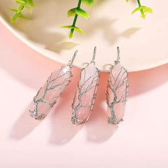Rose Quartz Point Necklace Tree Of Life Wire Wrapped Crystal Pendant