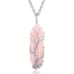 Rose Quartz Point Necklace Tree Of Life Wire Wrapped Crystal Pendant