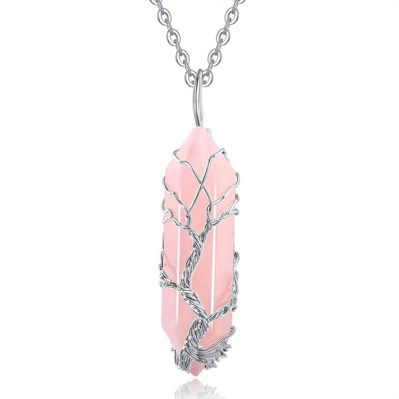Rose Quartz Point Necklace Tree Of Life Wire Wrapped Crystal Pendant