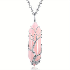 Rose Quartz Point Necklace Tree Of Life Wire Wrapped Crystal Pendant