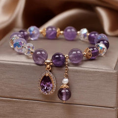 14K Plated Beaded Bracelet with Water Drop Gemstone Pendant