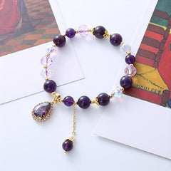 14K Plated Beaded Bracelet with Water Drop Gemstone Pendant