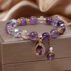 14K Plated Beaded Bracelet with Water Drop Gemstone Pendant