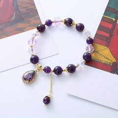 14K Plated Beaded Bracelet with Water Drop Gemstone Pendant